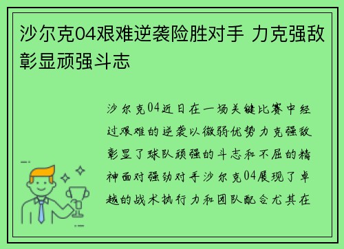 沙尔克04艰难逆袭险胜对手 力克强敌彰显顽强斗志