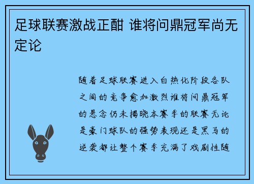 足球联赛激战正酣 谁将问鼎冠军尚无定论